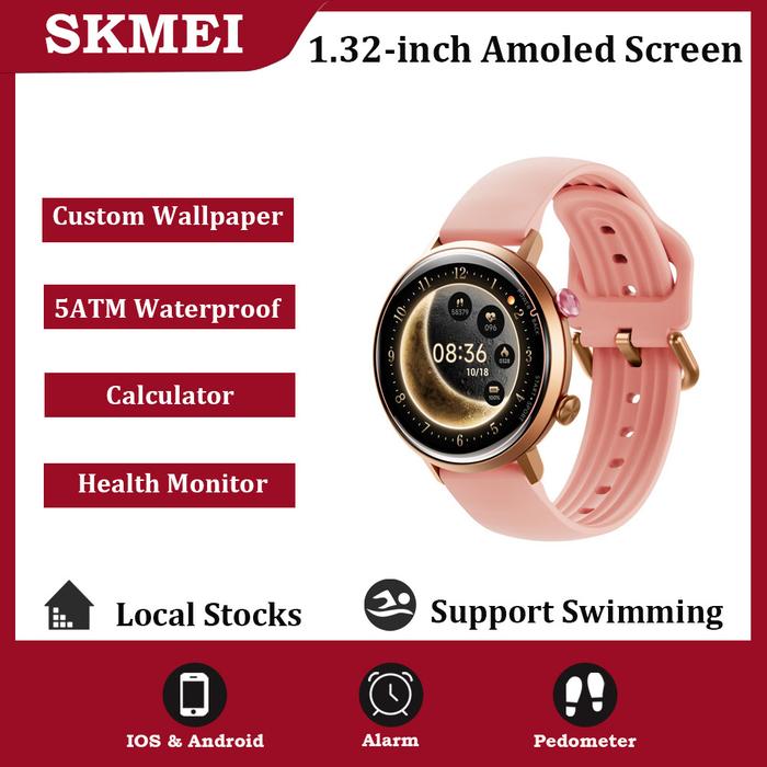 Smartwatch pink dengan fitur kalender dan stopwatch