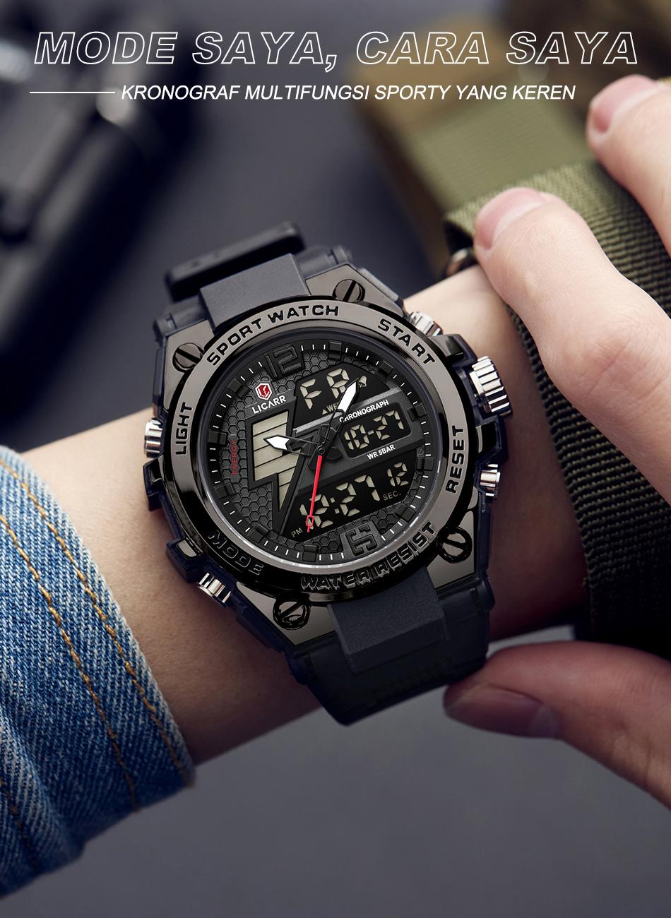 Jam tangan pria anti air bergaya militer dengan tampilan digital-analog, fitur lengkap, dan desain kokoh. Tahan tekanan, cocok untuk akt