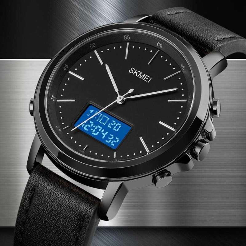 Jam tangan pria kulit hitam dengan desain dual time