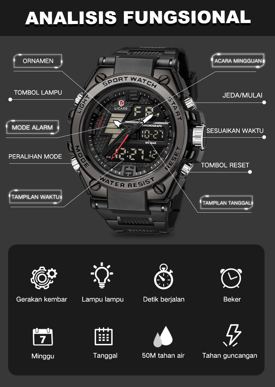 jam tangan kuarsa digital pria anti air tali karet fleksibel